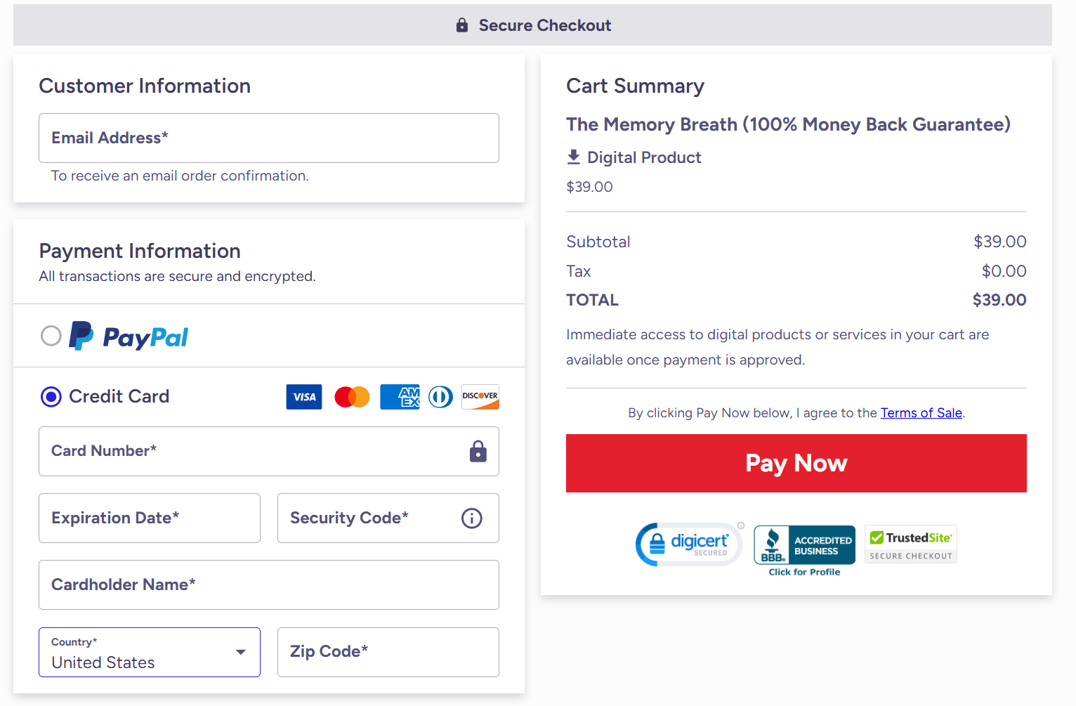 Memory Breath Checkout Page
